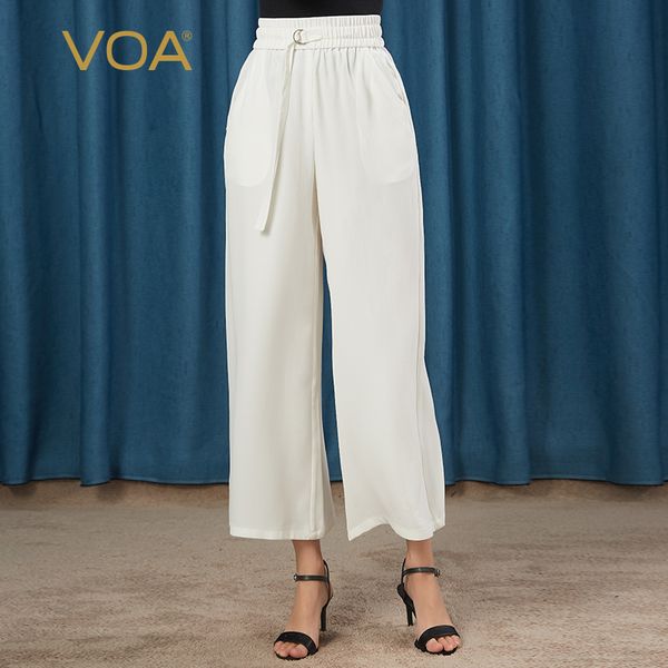 

voa 30mm silk heavy milky white elastic waist half ring ribbon oblique plug pocket straight capri-pants k0937, Black;white