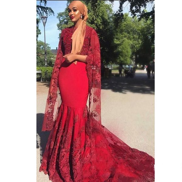 

red african mermiad evening dresses beaded lace applique capped 3/4 sleeves long prom dresses dubai arabic formal party evening gowns, Black;red