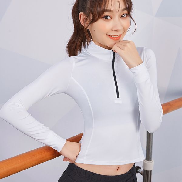 

women zipper running shirts exposed navel slim stand collar cycling gym t-shirts long sleeve crop, Black;blue
