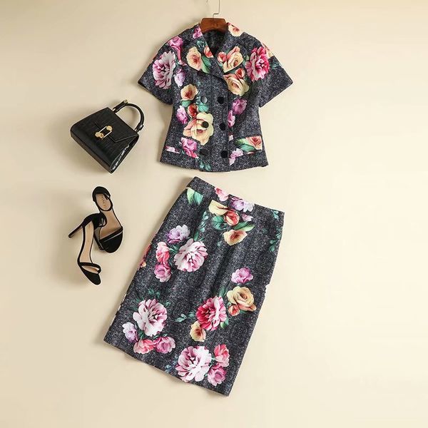 

autumn 2019 new european and american women's wear double-breasted jacket short-sleeved lapel collar skirts peony print suit, White