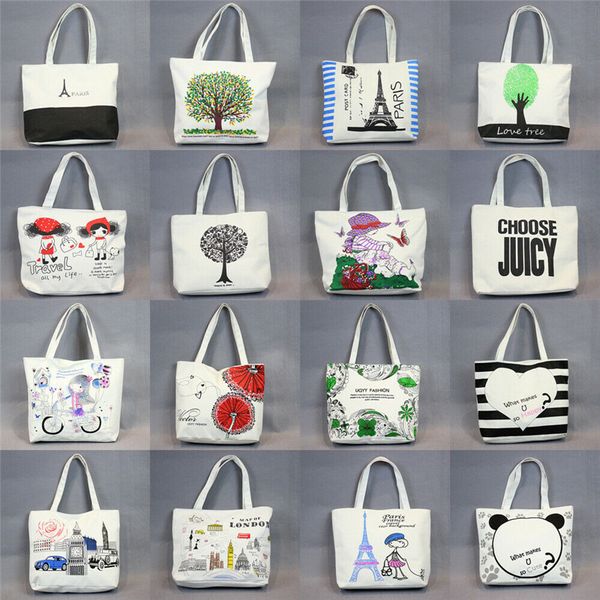 

women girls cartoon canvas shoulder bag zipper casual tote shopping handbag