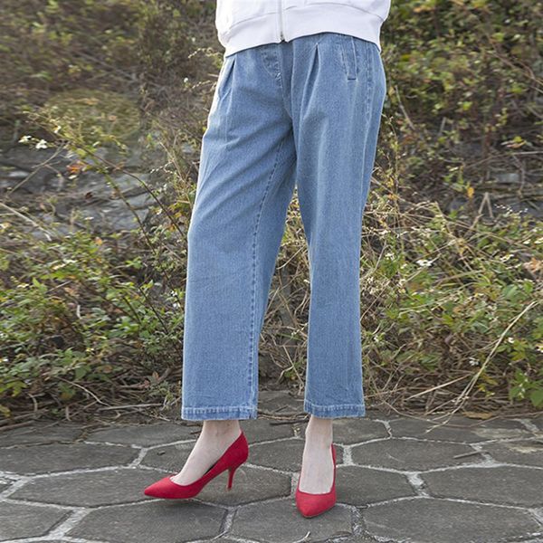 

2018 autumn new washed white elastic waist casual pants women's pants jeans, Blue