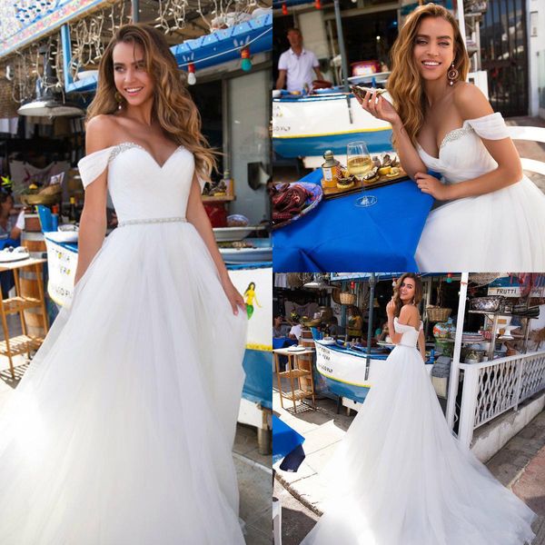 Vendita calda A Line Abiti da sposa con perline spalle scoperte Tulle Beach Abiti da sposa vestido de novia Abito da sposa economico