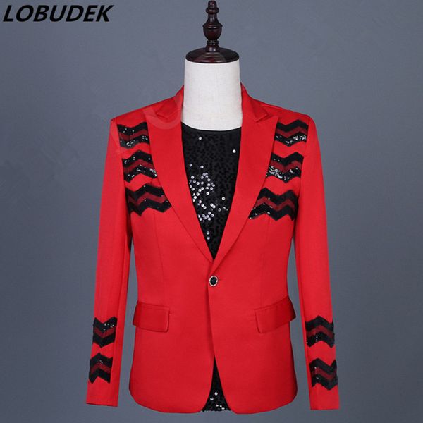

fashion red black sequined blazers slim coat spring summer bar prom men's clothing banquet singer host stage performance costume, White;black