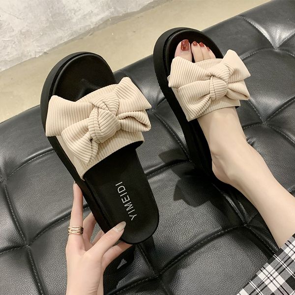 

shoes ladies' slippers slides slipers women platform lady butterfly-knot summer 2020 girl soft flat fabric pu, Black