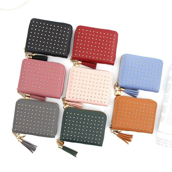 

women wallet tassel fashion trend solid color short zipper rivet dark leather card holder wallet clutch wrist bag drop shipping, Red;black