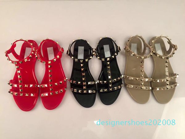 

rivets spiked gladiator flat sandals stones studded flip sandal big size designer women's shoes summer jelly flip flops d08, Black