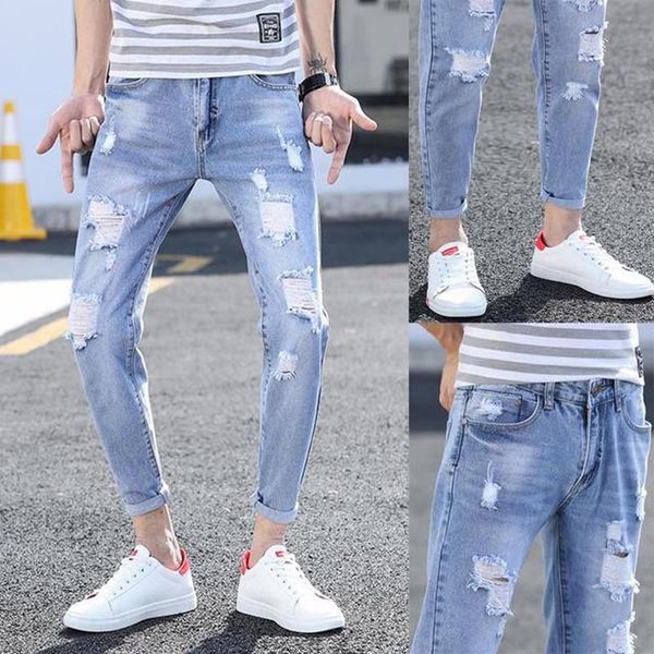 

wholesale 2019 spring washing ripped hole denim jeans men slim feet thin washed light color cowboy pants patch students jeans, Blue