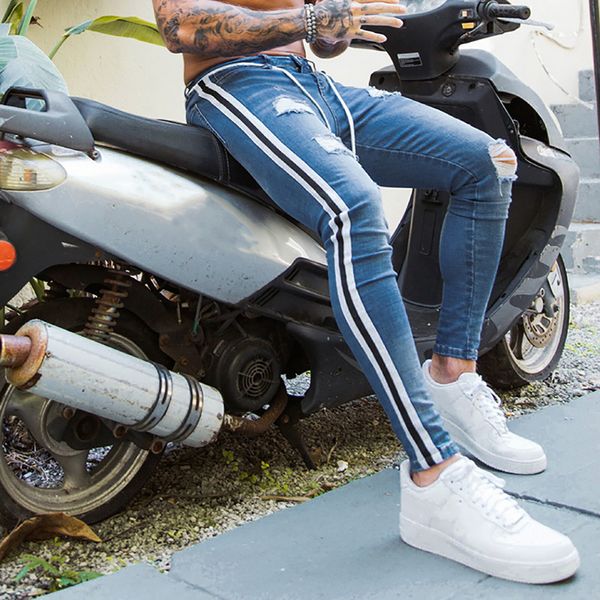 

MarchWind Brand Trendy Men Skinny Jeans Biker Destroyed Frayed Fit Denim Ripped Denim Pants Side Stripe Pencil Pants Hip Hop Streetwear