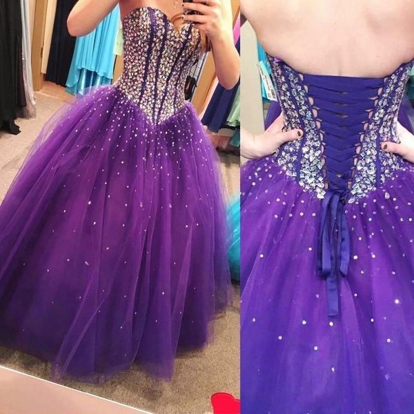 Viola scuro economici 2019 Prom Abiti Quinceanera Perline di cristallo Paillettes Corsetto Indietro Dolce 16 Abito Prom Abito da sera per ragazze