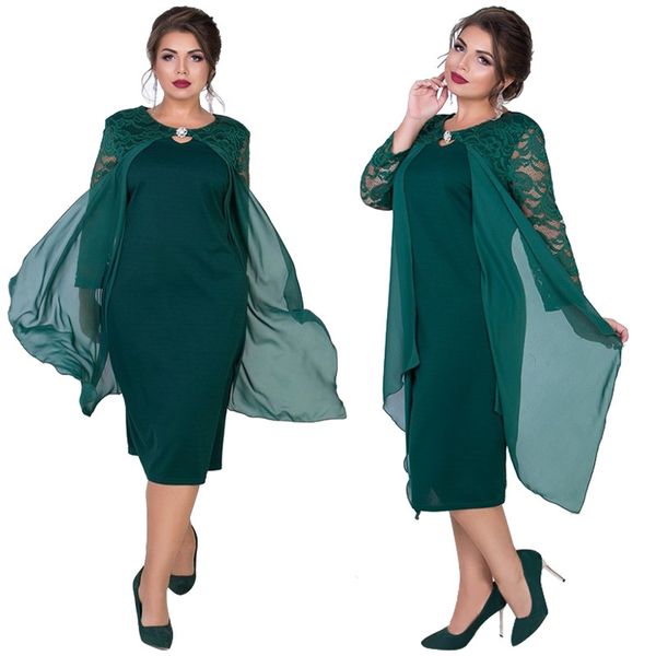 

large size lace dress 2019 autumn winter dress big size elegance women fake two cloak plus women clothing, Black;gray
