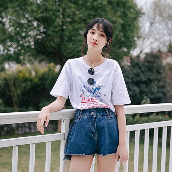 

spring summer high waist loose jean short pants pocket zipper button korean denim women, Blue