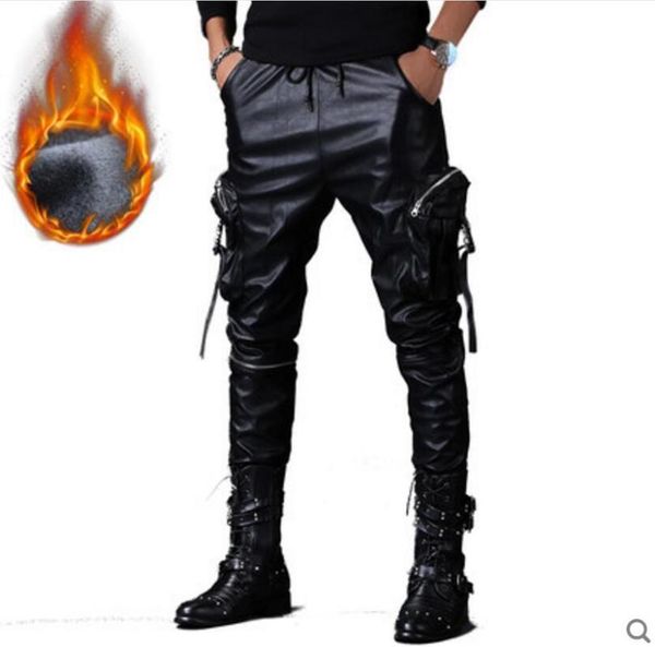 

m-3xl new 2019 men's clothing gd hair stylist fashion multi-pocket tooling locomotive leather trousers plus size singer costumes, Black