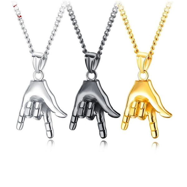 

hip hop jewelry tide men charm necklace fashion stainless steel punk rock gesture pendant chain gold silver black necklaces for men gift