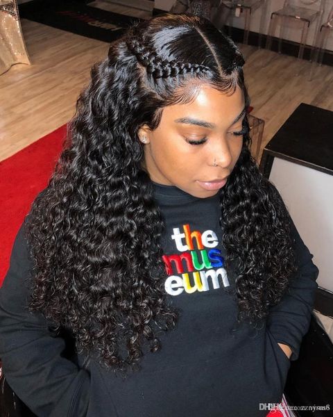 

24 дюйма фронт шнурок человеческих волос с ребенком волосами бразильского remy волос коротких вьющимся бобом париками для женщин pre-щипково, Black