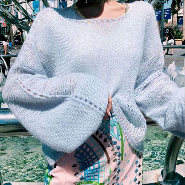 

jsxdhk autumn winter fashion loose knitted sweater lazy light blue mink cashmere soft warm pullovers casual long sleeve jumper, White;black