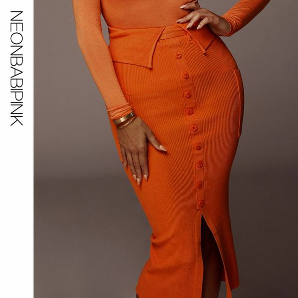 

skirts neonbabipink button up high waist knitted pencil skirt black orange elegant long split womens 2021 faldas n66-93