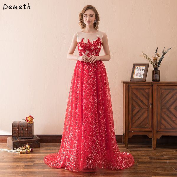 

demeth red evening dresses sleeveless illusion lace evening gowns with train shiny sequin a line party dress, White;black