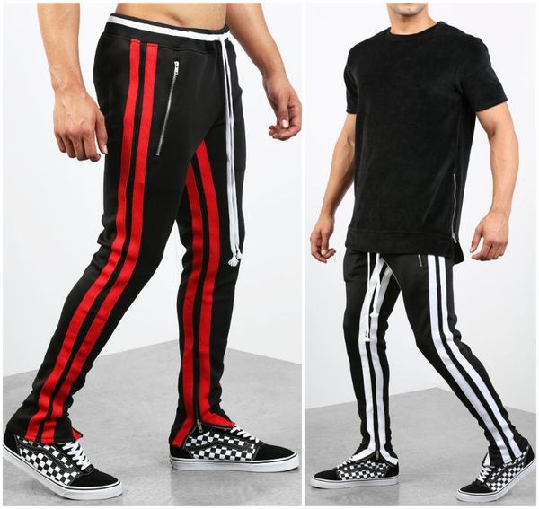 

2019 fashion men's casual skinny sweatpants man spliced side stripe trousers tracksuit bottoms breathable sportswear track pants, Black