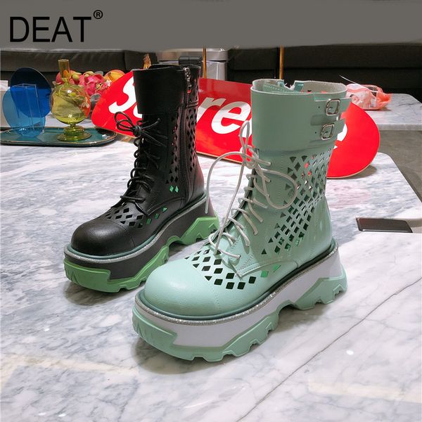 

deat] 2020 round toe lace-up hollow out breathable genuine leather women platform cool boots new spring summer tide 10h419, Black