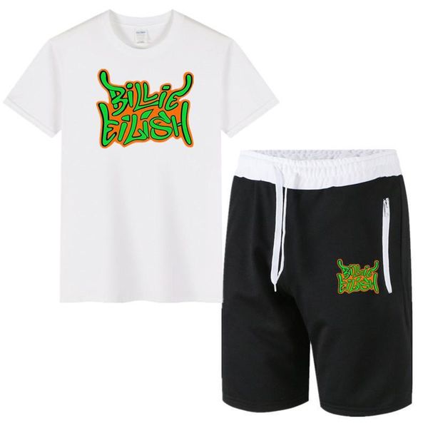 

new summer t shirt mens short sleeve + shorts suit male billie eilish breathable short set fitness sportsuits set men, Gray