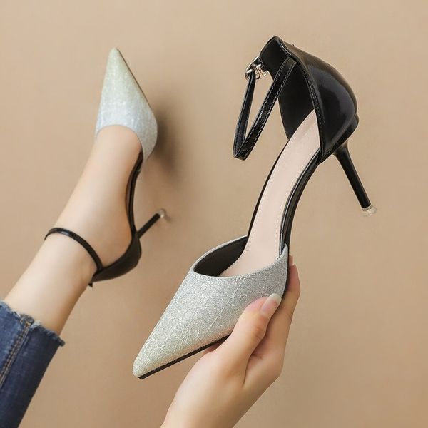 

summer women's sandals heels pointed shallow mouth gradient high-heeled shoes buckle banquet women's sandals lsj-6719-5 c13, Black