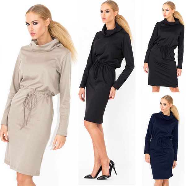 

женская весна конструктора платье с длинным рукавом экипаж шеи женская сплошной цвет платья дряблая дамы повседневные платья, Black;gray