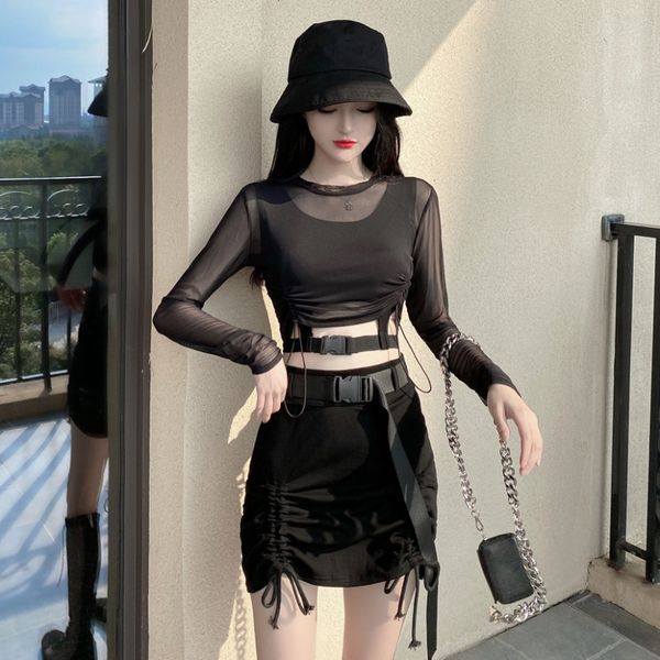 

fashion perspective mesh sunscreen blouse camisole high waist pleated skirt dark wind three-piece suit women, Black;white