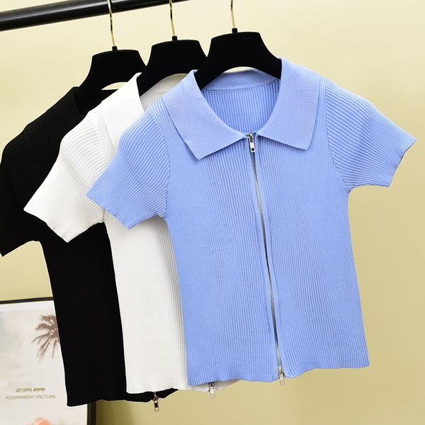 

women's sweaters summer pull sweater women slim thin fashion turn down collar zipper crop female causal korean knit, White;black