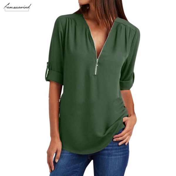 

shirt summer women blouses women chiffon blouse casual long sleeve zipper deep v neck blusa plus size 5xl, White