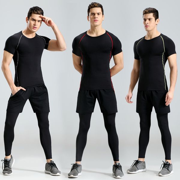

men's compression sportswear suits gym tights training clothes workout jogging sports set running tracksuit dry fit plus size, Black;blue
