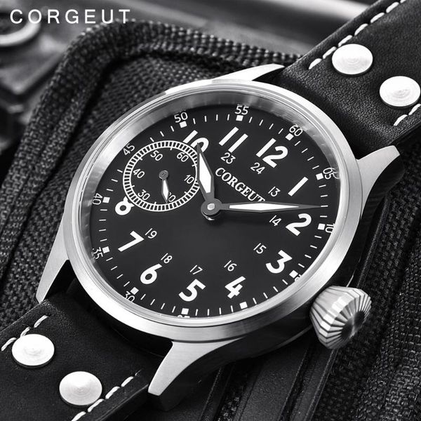 

corgeut 6497 watch men seagull st3600 fashion leather mechanical hand winding luminous men's watch clock, Slivery;brown