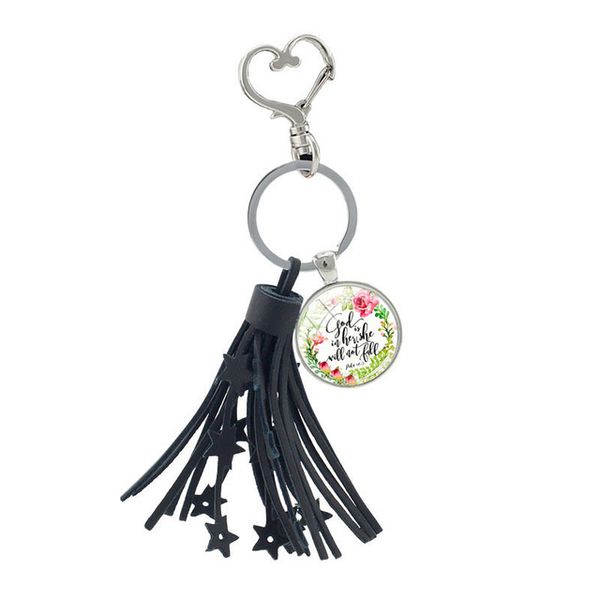 

Fashion Bible Verse Quote Keychain Black Tassel Heart Clasps Key Ring Glass Gem Pendant For Woman Girl Bag Key Charm