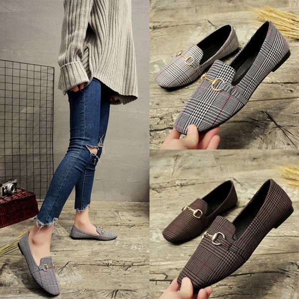 

jintoho spring and summer new women flat shoes tartan design round metal button flat loafer zapatillas mujer q208, Black