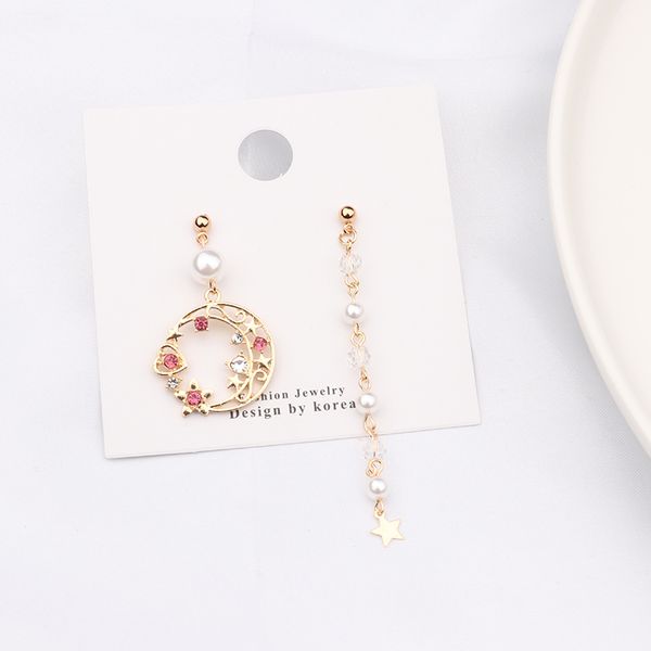 

mengjiqiao 2019 new korean style gold color heart star big moon asymmetric earrings for women crystal beads long pendientes gift, Silver