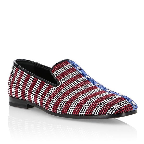 

men's rhinestones crytal bling us flag pattern loafers mocassin homme wingtip low heel casual wedding shoes dress mixed colors, Black