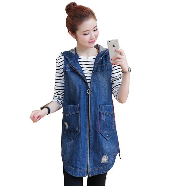 

spring denim vest women casual coat vintage cardigan jean solid sleeveless hooded hole woman clothing female waistcoat 2019, Black;white