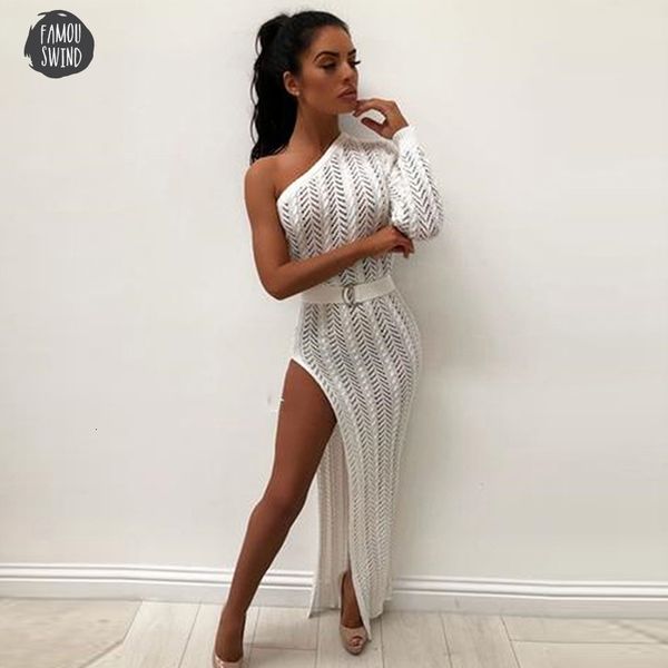

bandage dress knitted maxi long party sweater one shoulder side club wear hollow out solid women metallic dresses belt, Black;gray