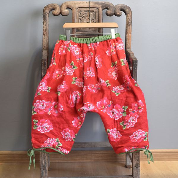 

women's pants & capris women cotton linen elastic waist print floral 2021 summer autumn original casual loose lace-up haremvintage trou, Black;white