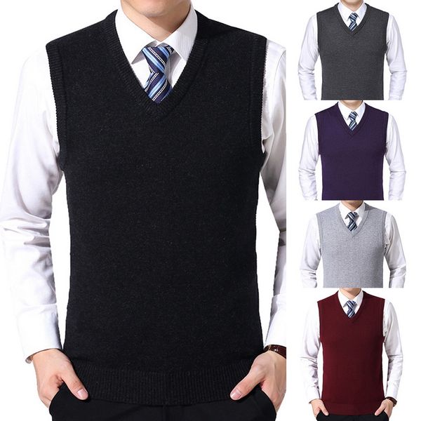 

monerffi 2019 men knitting sweater vest solid cashmere sweaters sleeveless pullover men v-neck slim knitted waistcoat hombre, White;black