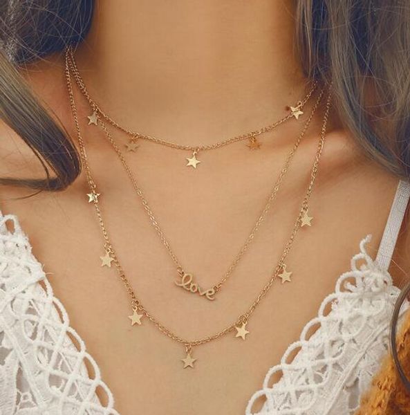 

горячая bijoux любовь звезда ожерелья подвески воротники колье короткое ожерелье элегантный заявление колье многослойные ожерелье женщины, Silver