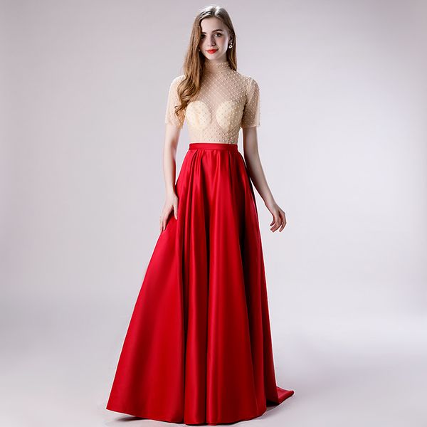 

m4007 tulle and satin a-line burgundy evening dress pearls beading winter party dress floor length plus size formal dresses, Black;red