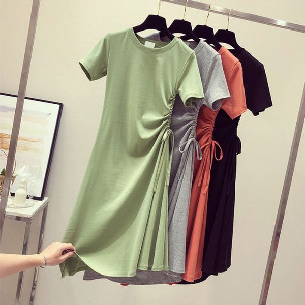 

2020 new korean style slim drawstring matcha green popular t-shirt skirt, Black;gray