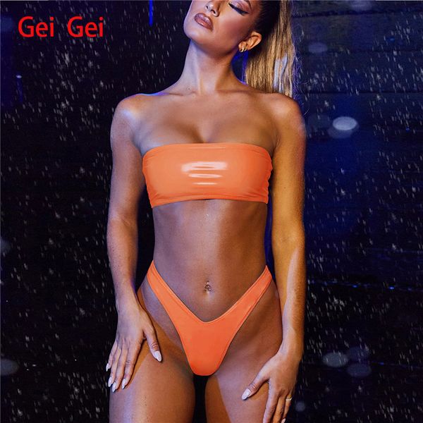 

2020 new split bikini offset backless biquini swimsuit women's fashion low waist tube beach shiny swimwear set