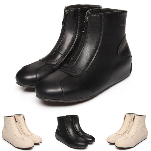 

solid color boot women's ladies fashion leisure large size flat heels zipper boots shoes pu leather booties zapatos de mujer, Black