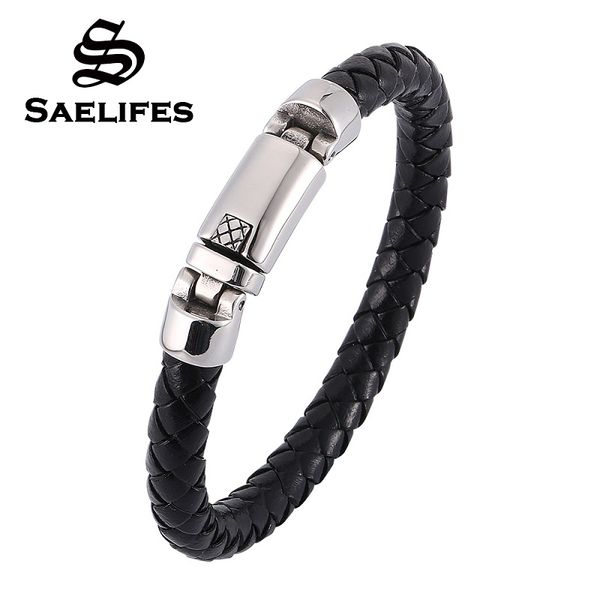 

fashion men's 8mm braided leather bracelet personality stainless steel spring clasp bangles jewelry pulseras hombre pb0365, Golden;silver
