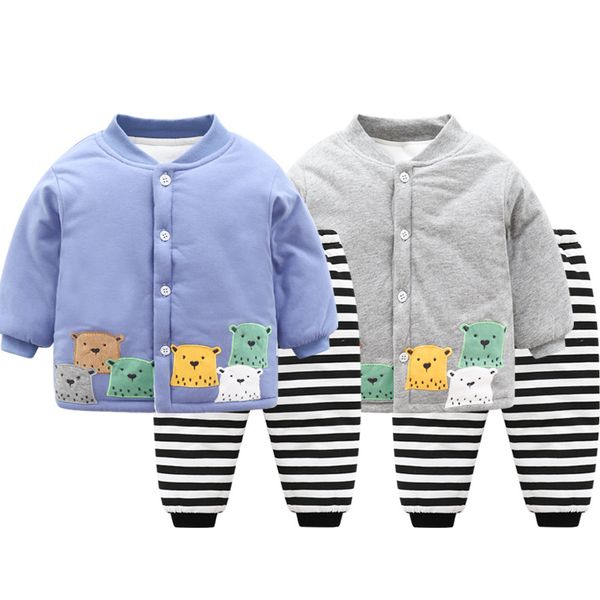 

winter plus thick cotton baby boy suit korean version of the cartoon bear cotton two-piece set, White