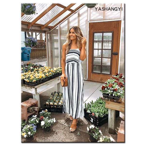

Summer Female Striped Bohemian Dress Women Spaghetti Strap Dresses Sexy Ladies Holidays Sleeveless Dresses