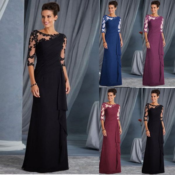 

girl clothing 2019 women ladies long lace stitching round neck sleeve dress formal dress elegant women's bodycon vestidos #5, Black;gray