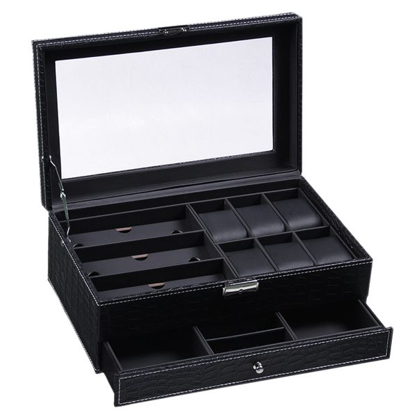 

pu leather watch box glasses case double crocodile pattern glasses watch storage box jewelry, Black;blue
